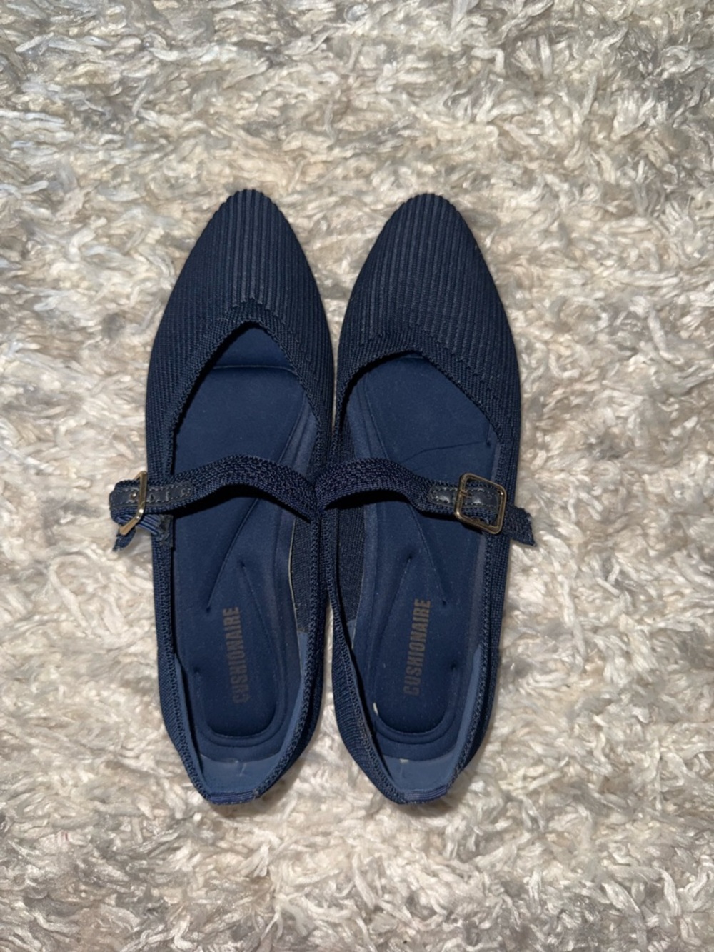 Cushionaire Navy Pointed Mary Jane Flats with Buckle Strap